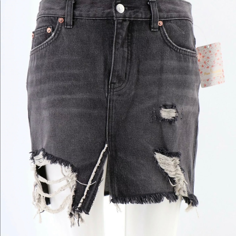 Free People Black Distressed Destroyed Denim Skirt - Picture 3 of 5